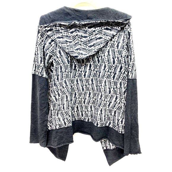 PrAna Women’s Wrap Graceful Open Front Hooded Cardigan Jacket Gray Print Medium - Picture 2 of 7